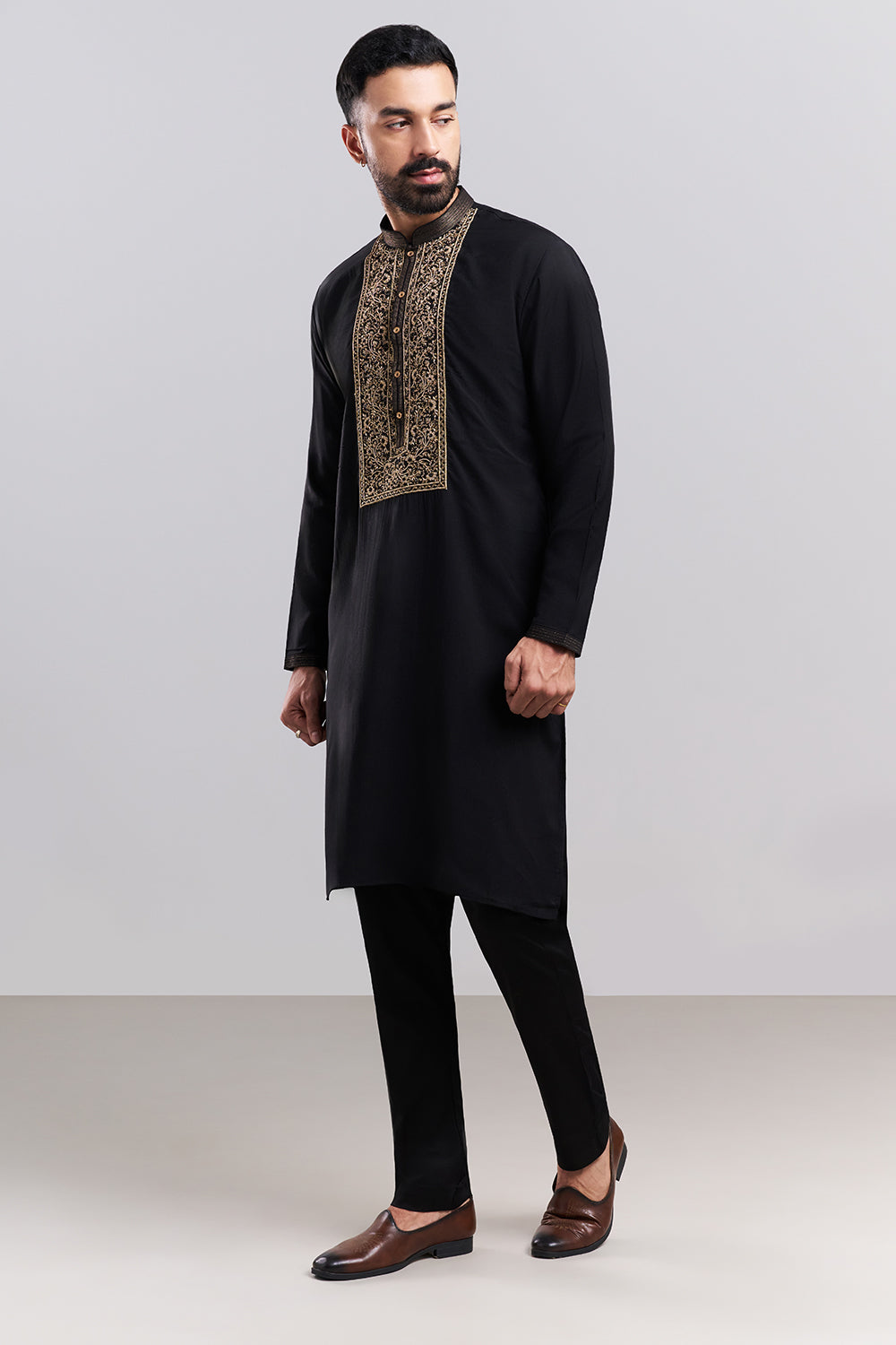 Black Linen Satin Men's Kurta Set with Ornate Front Panel