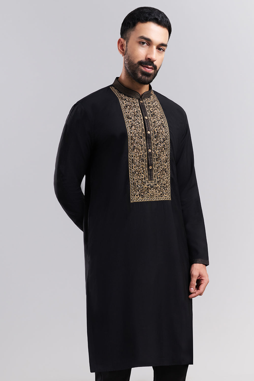 Black Linen Satin Men's Kurta Set with Ornate Front Panel
