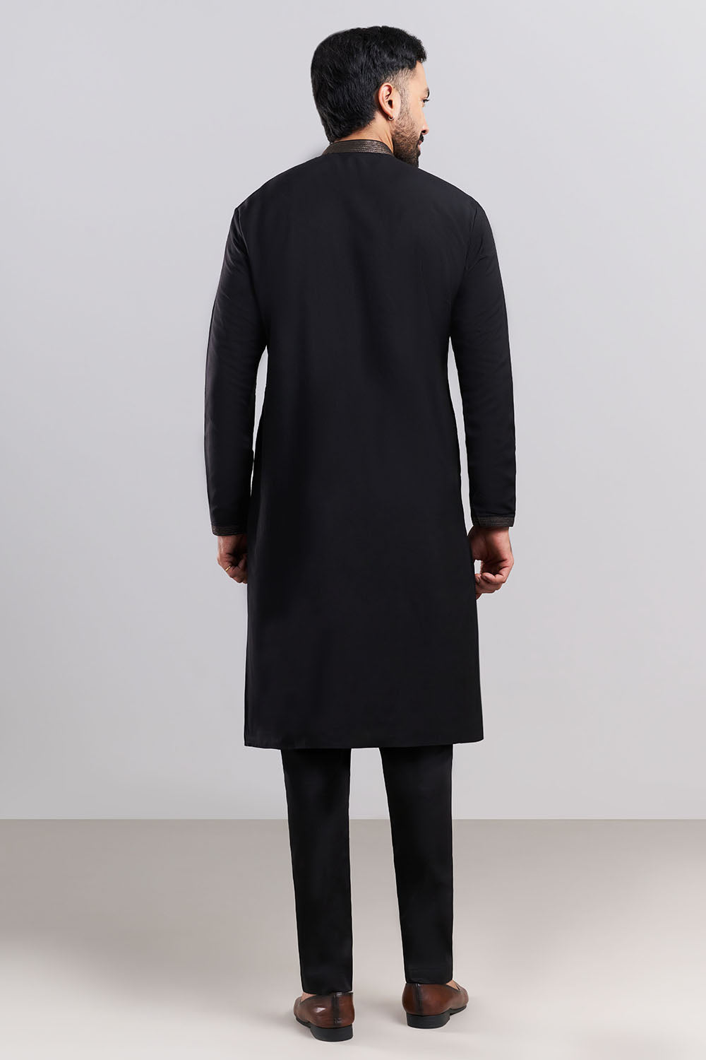 Black Linen Satin Men's Kurta Set with Ornate Front Panel