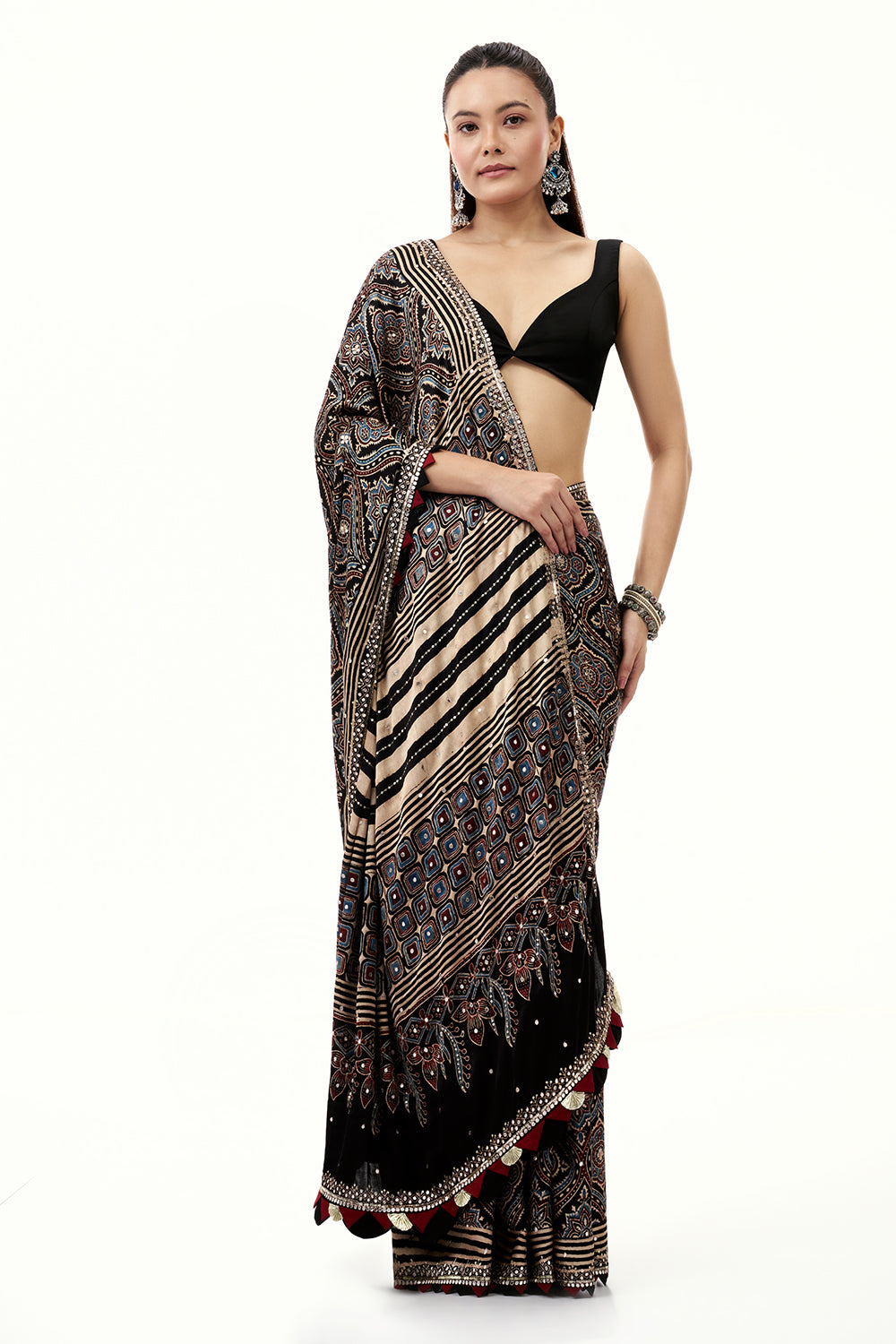 Black Modal Printed Saree with Mirror and Sequin Work