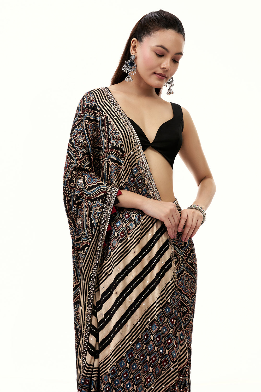 Black Modal Printed Saree with Mirror and Sequin Work
