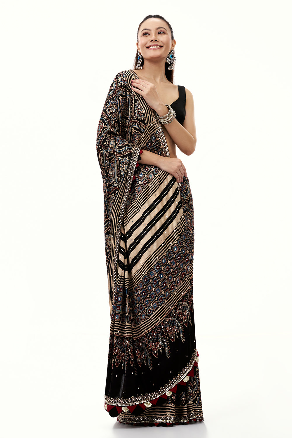 Black Modal Printed Saree with Mirror and Sequin Work