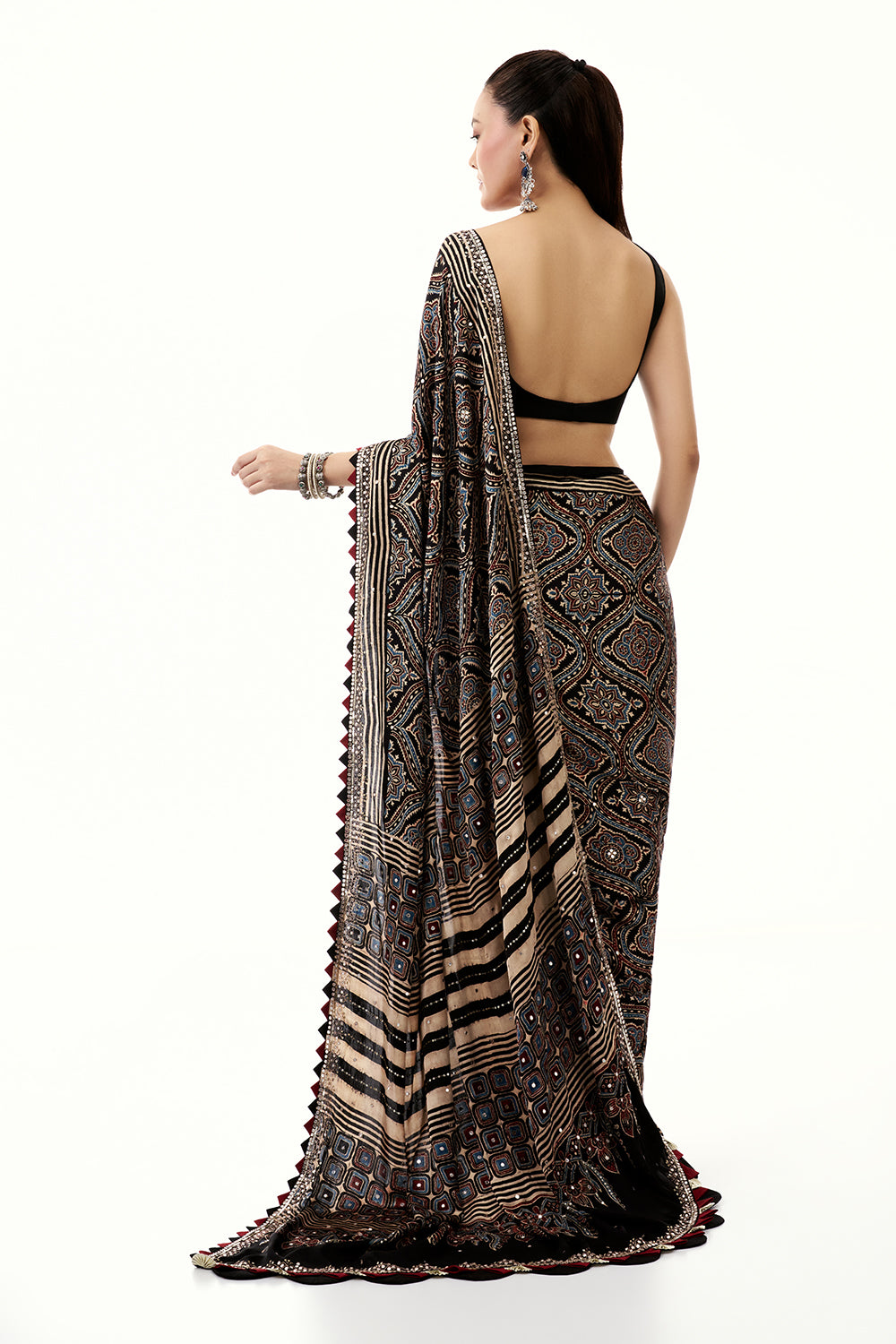 Black Modal Printed Saree with Mirror and Sequin Work