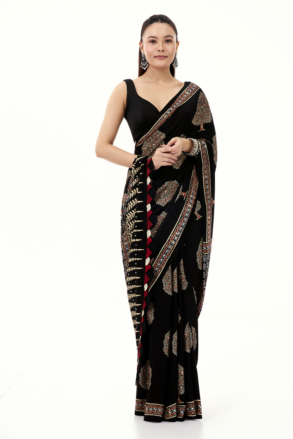 Black Modal Printed Saree with Mirror Work