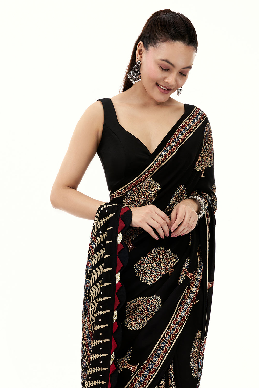 Black Modal Printed Saree with Mirror Work