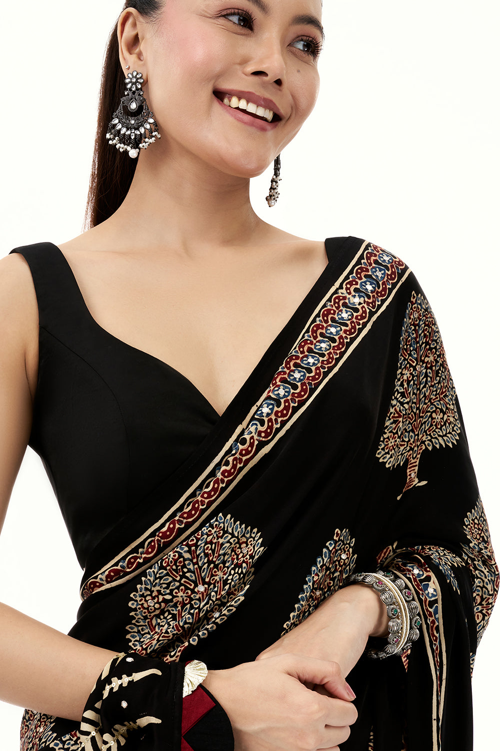 Black Modal Printed Saree with Mirror Work