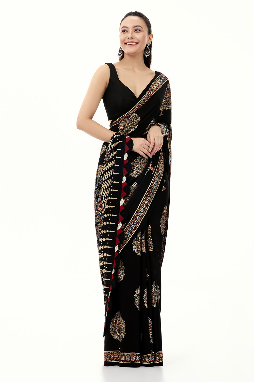 Black Modal Printed Saree with Mirror Work