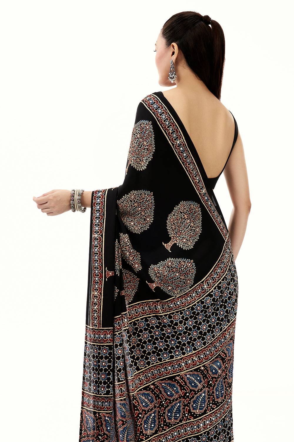 Black Modal Printed Saree with Mirror Work