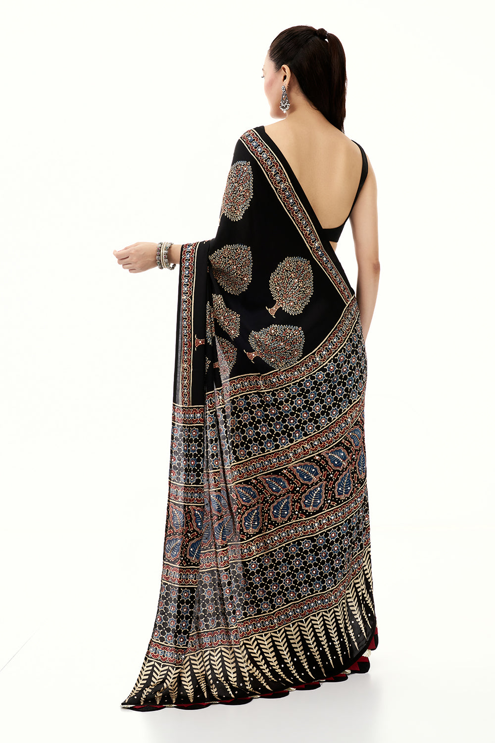 Black Modal Printed Saree with Mirror Work