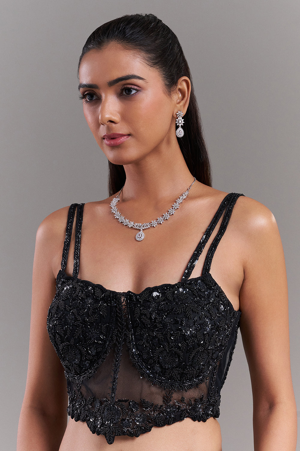 Black Net Embroidered Blouse with Embroidered Floral Work