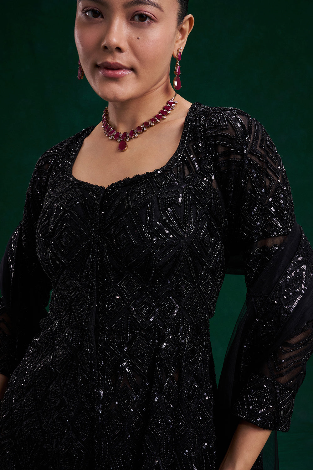 Black Net Indo-Western with Cutdana and Bead Work