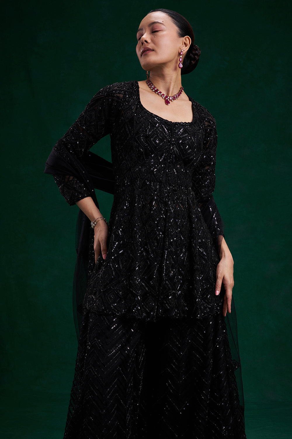 Black Net Indo-Western with Cutdana and Bead Work