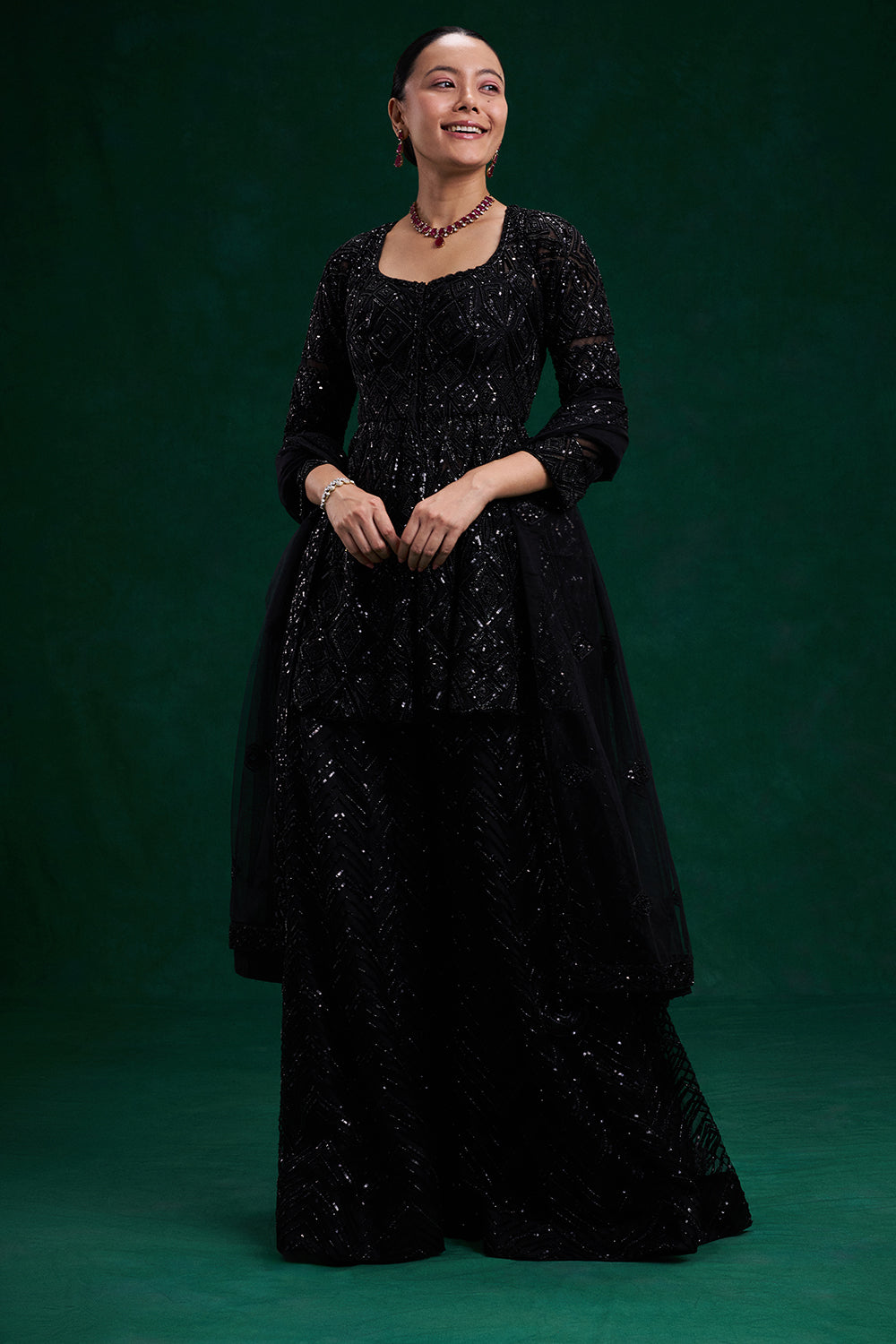 Black Net Indo-Western with Cutdana and Bead Work