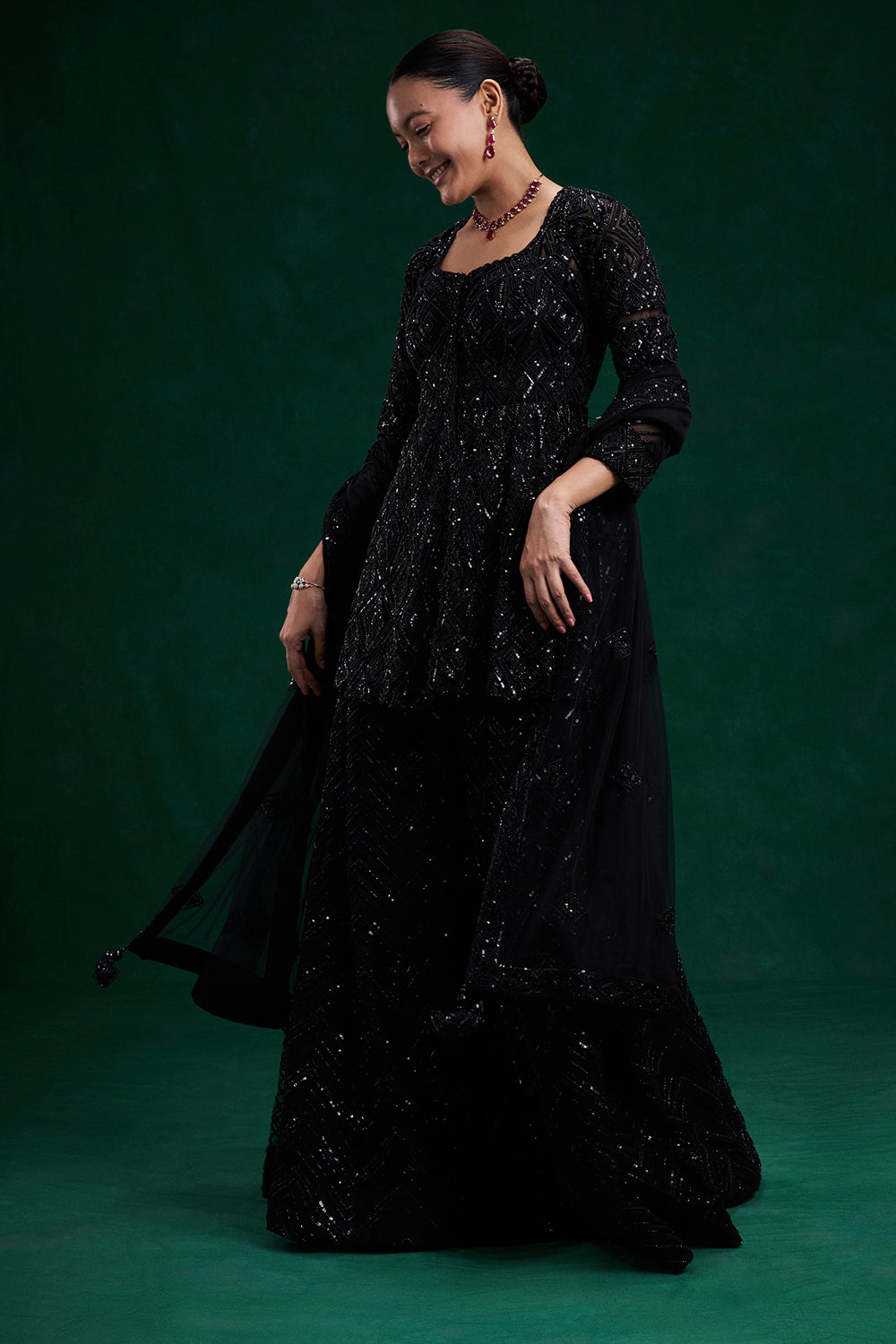 Black Net Indo-Western with Cutdana and Bead Work