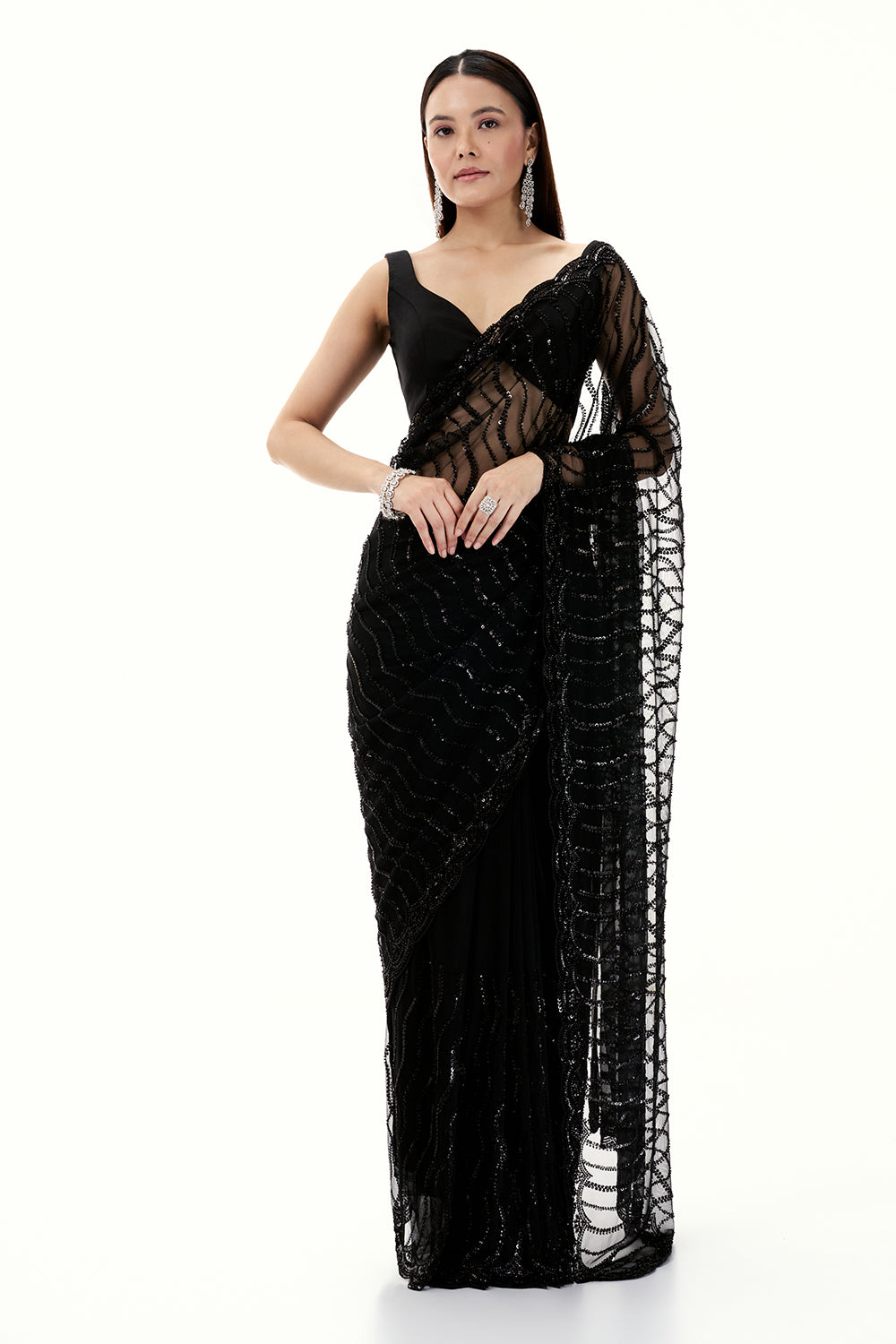Black Net Saree with Bead and Sequin Work