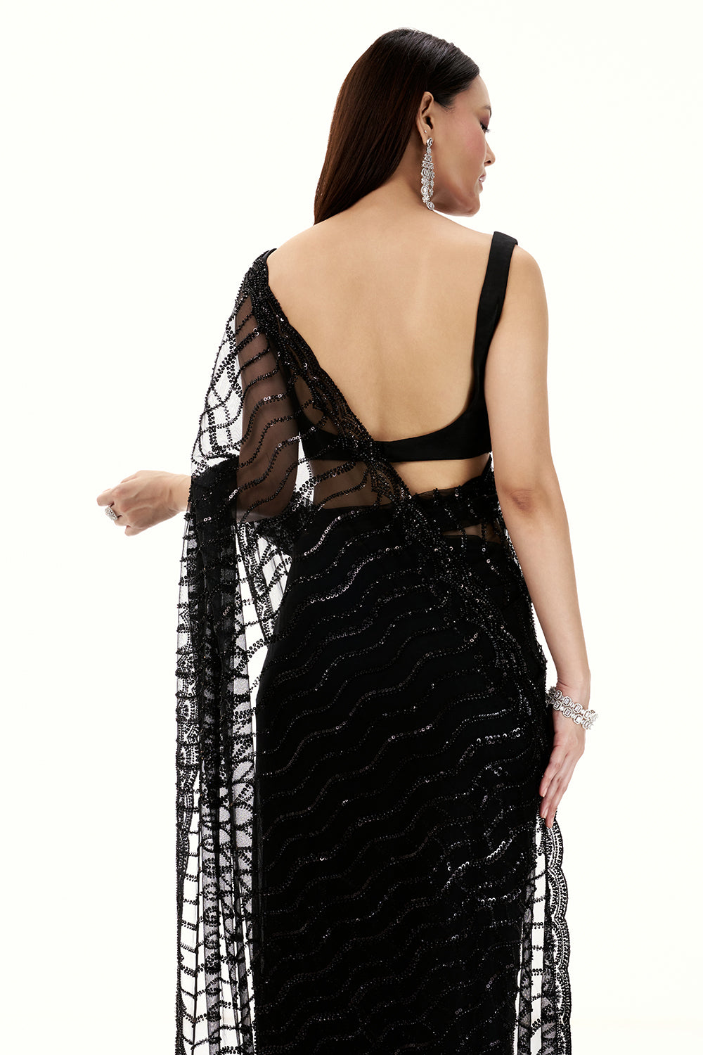 Black Net Saree with Bead and Sequin Work