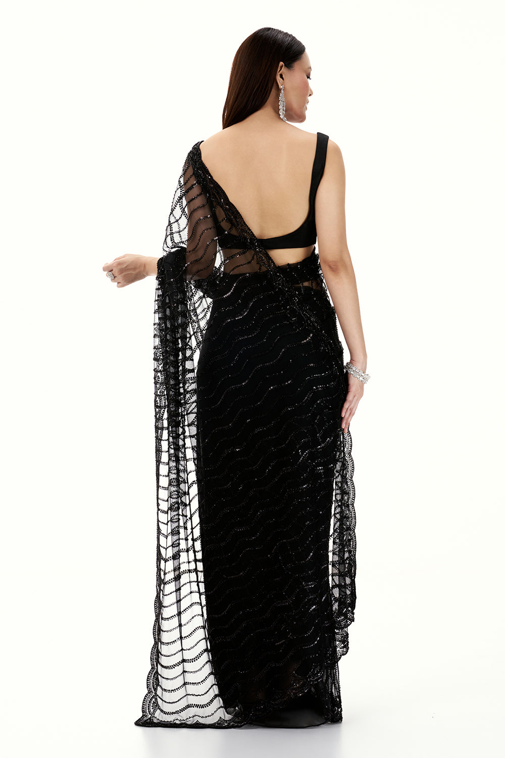 Black Net Saree with Bead and Sequin Work