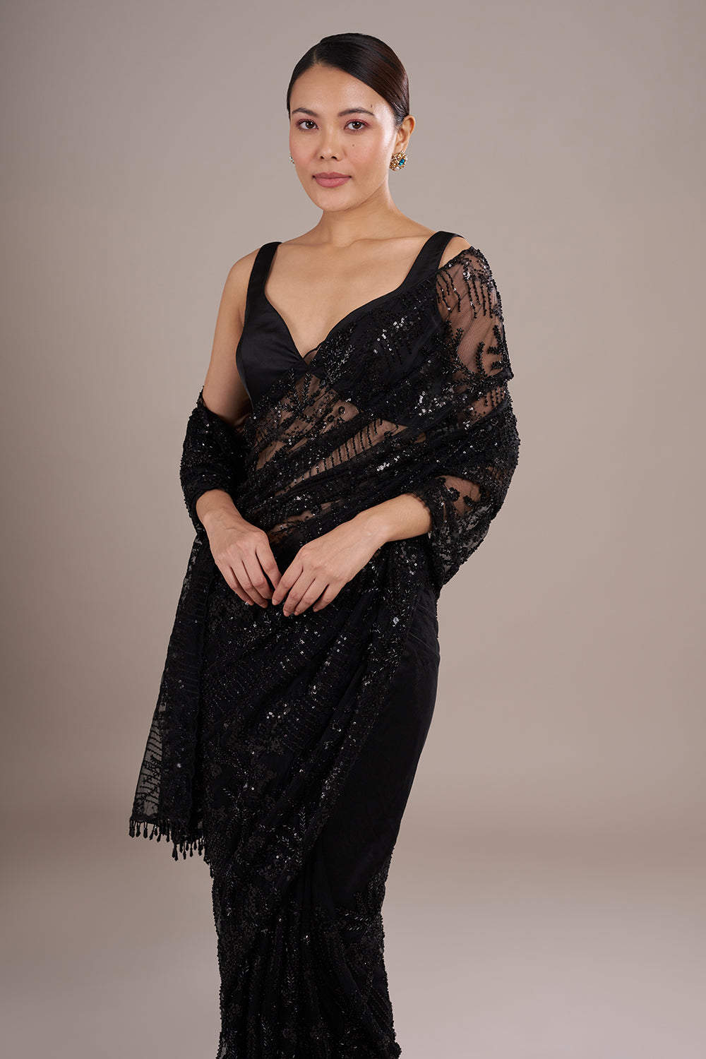 Black Net Saree with Cutdana Embroidery