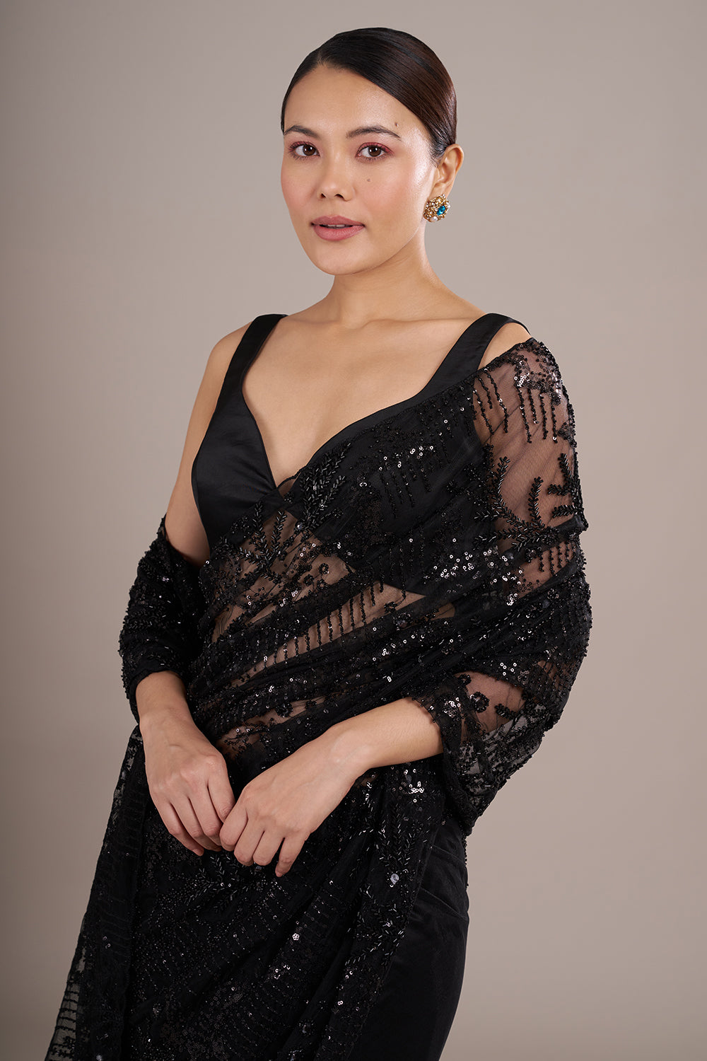 Black Net Saree with Cutdana Embroidery