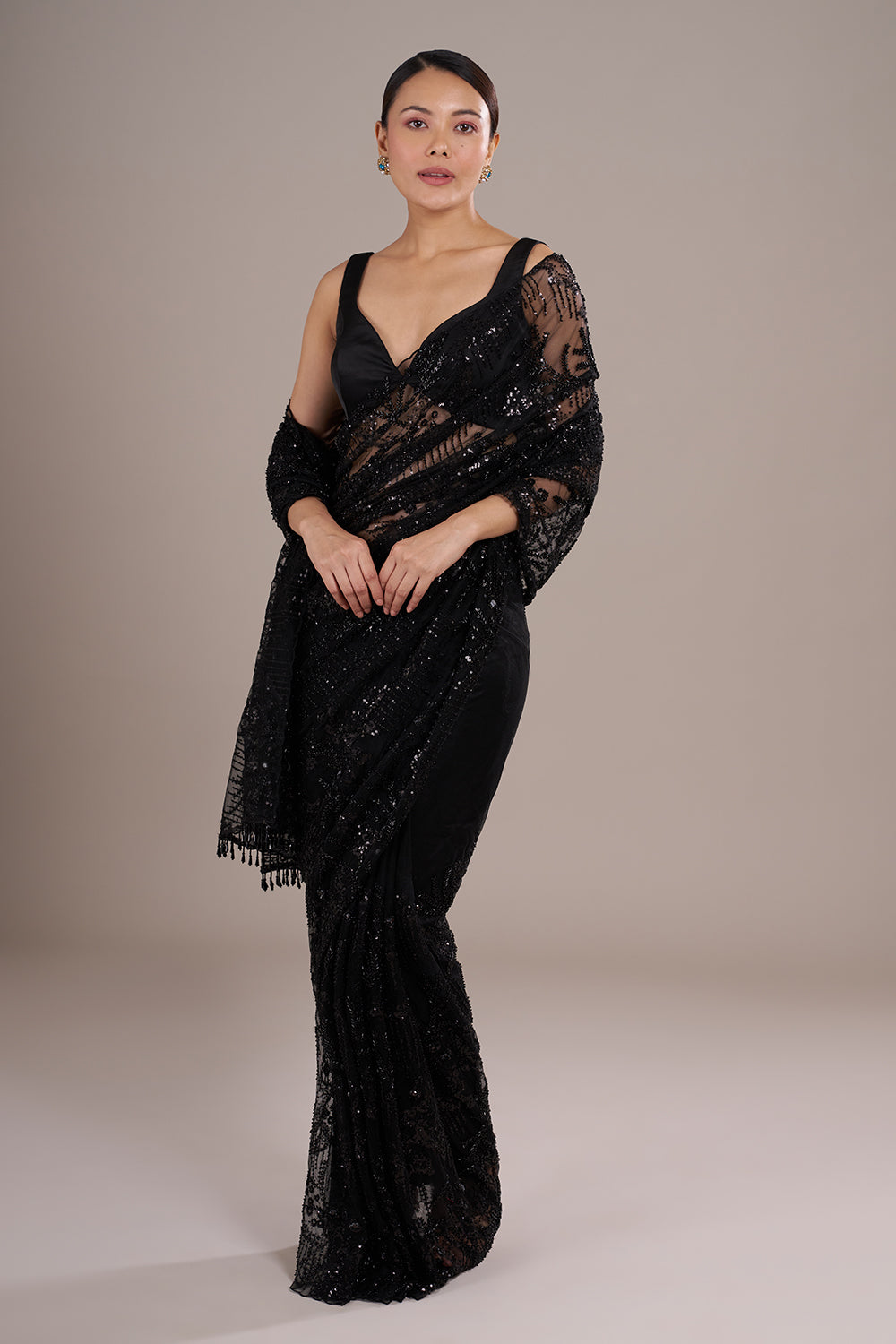 Black Net Saree with Cutdana Embroidery
