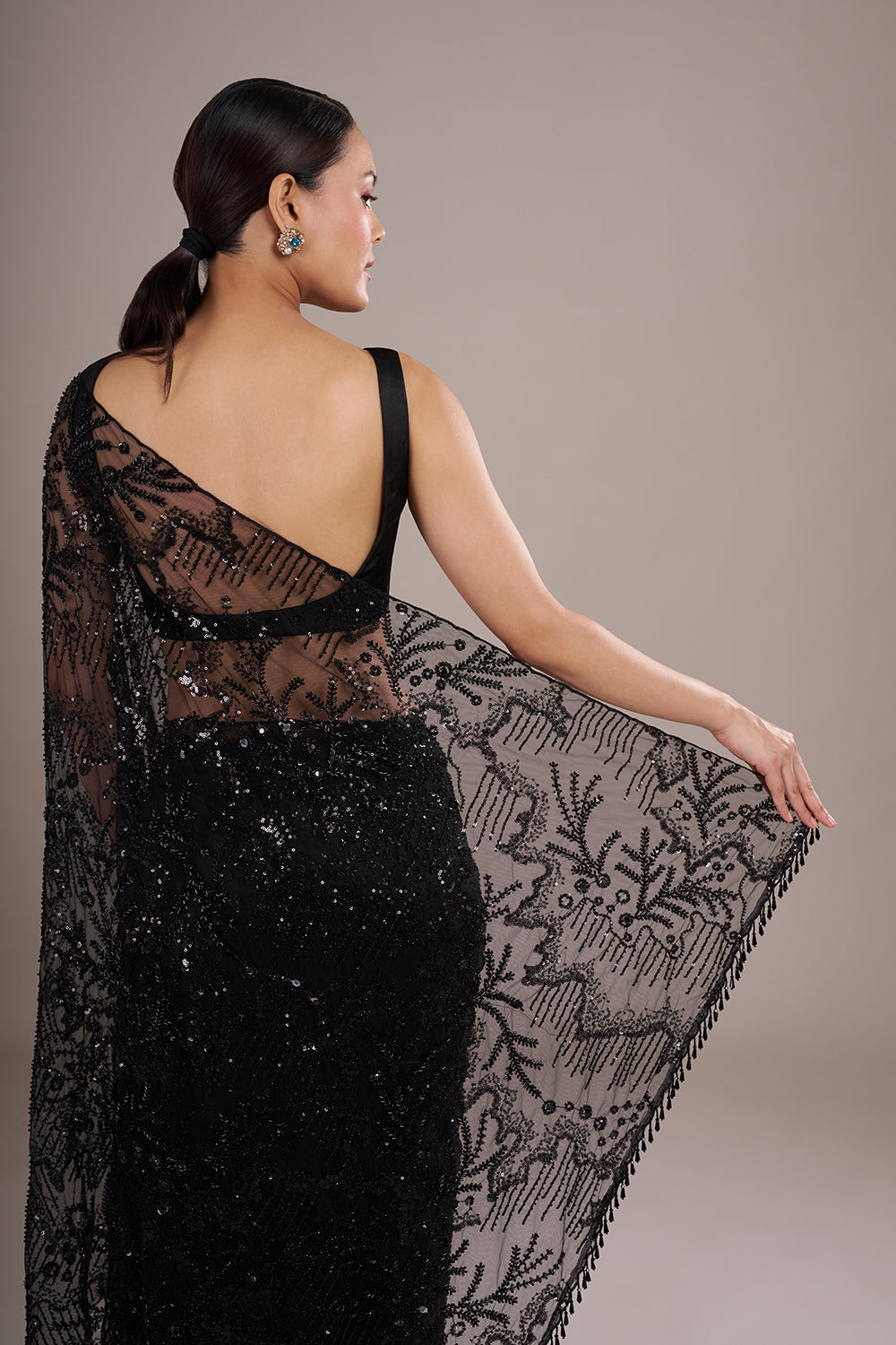 Black Net Saree with Cutdana Embroidery