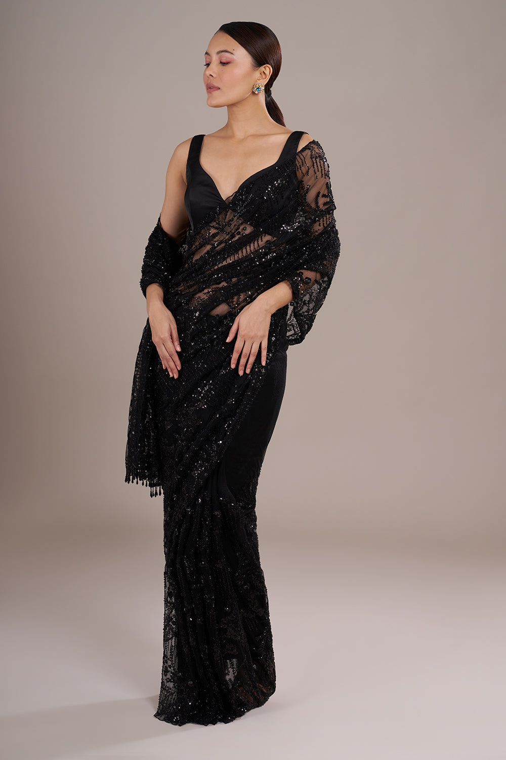 Black Net Saree with Cutdana Embroidery