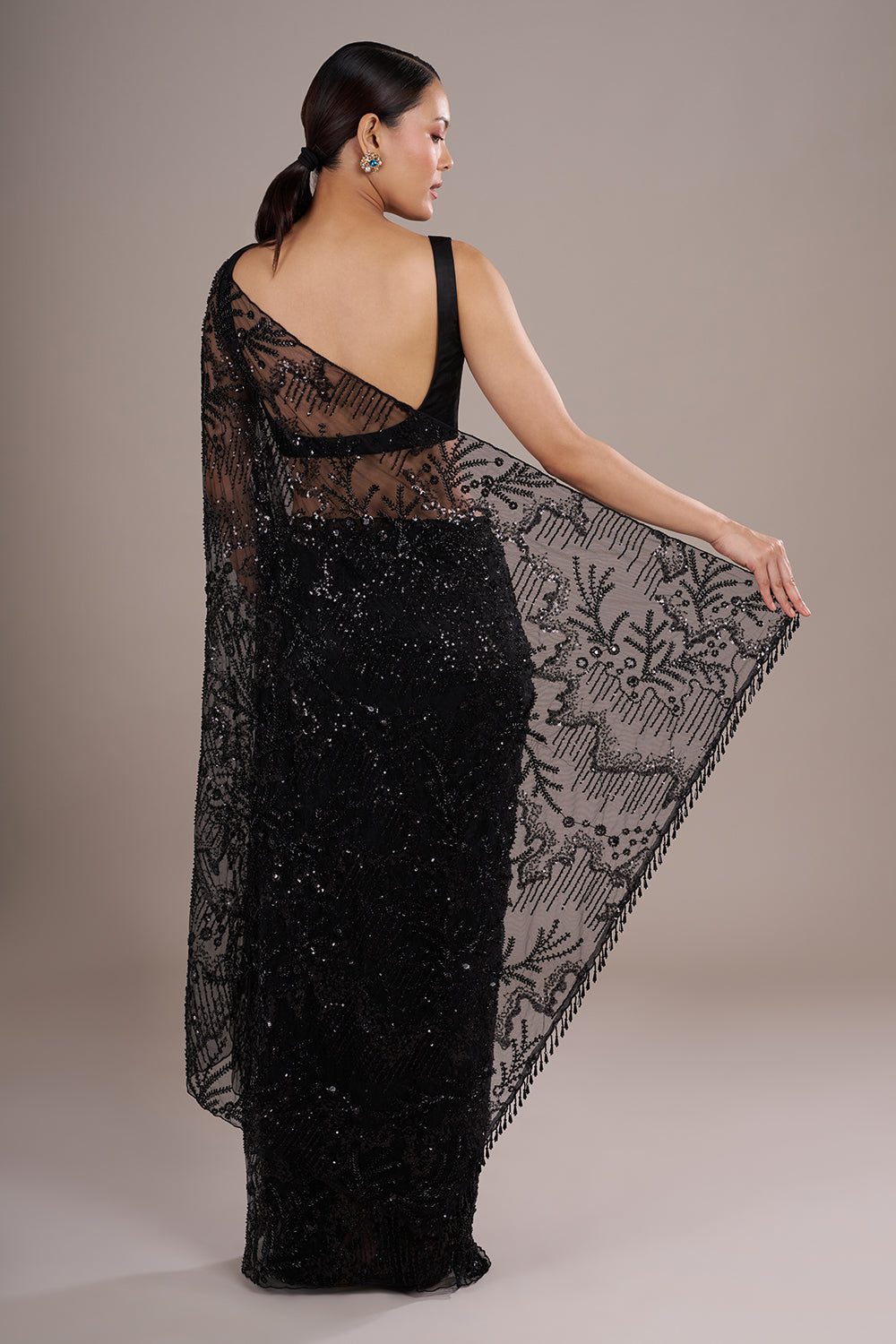 Black Net Saree with Cutdana Embroidery