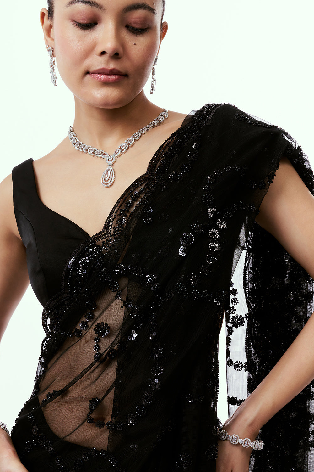 Black Net Saree with Cutdana Work