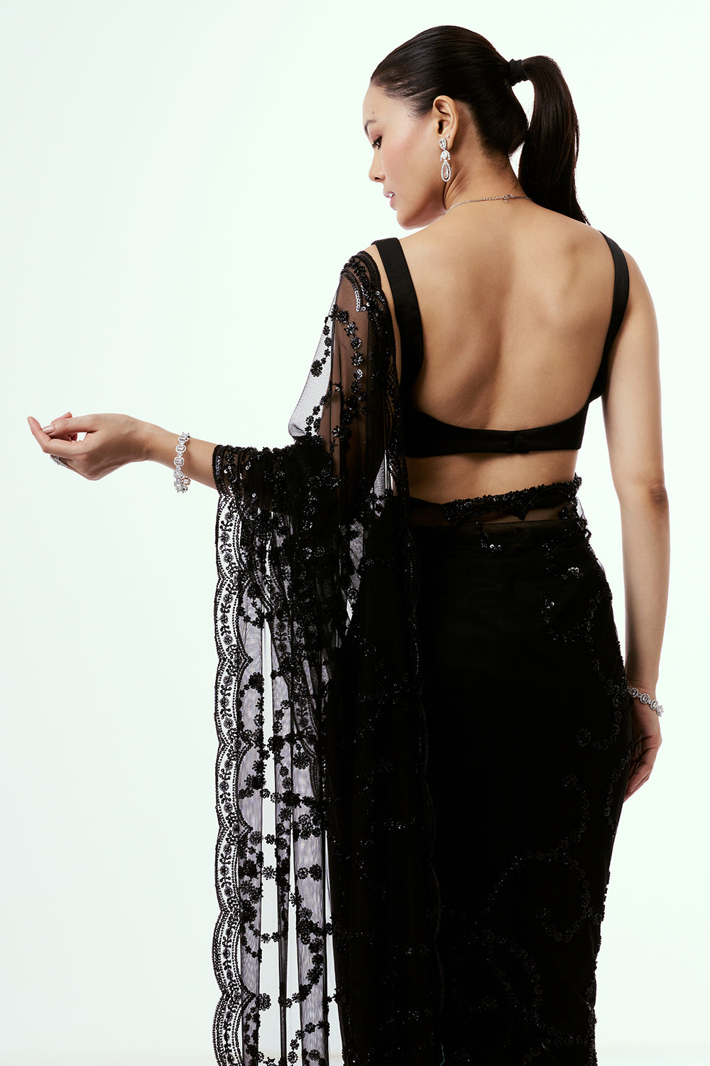 Black Net Saree with Cutdana Work
