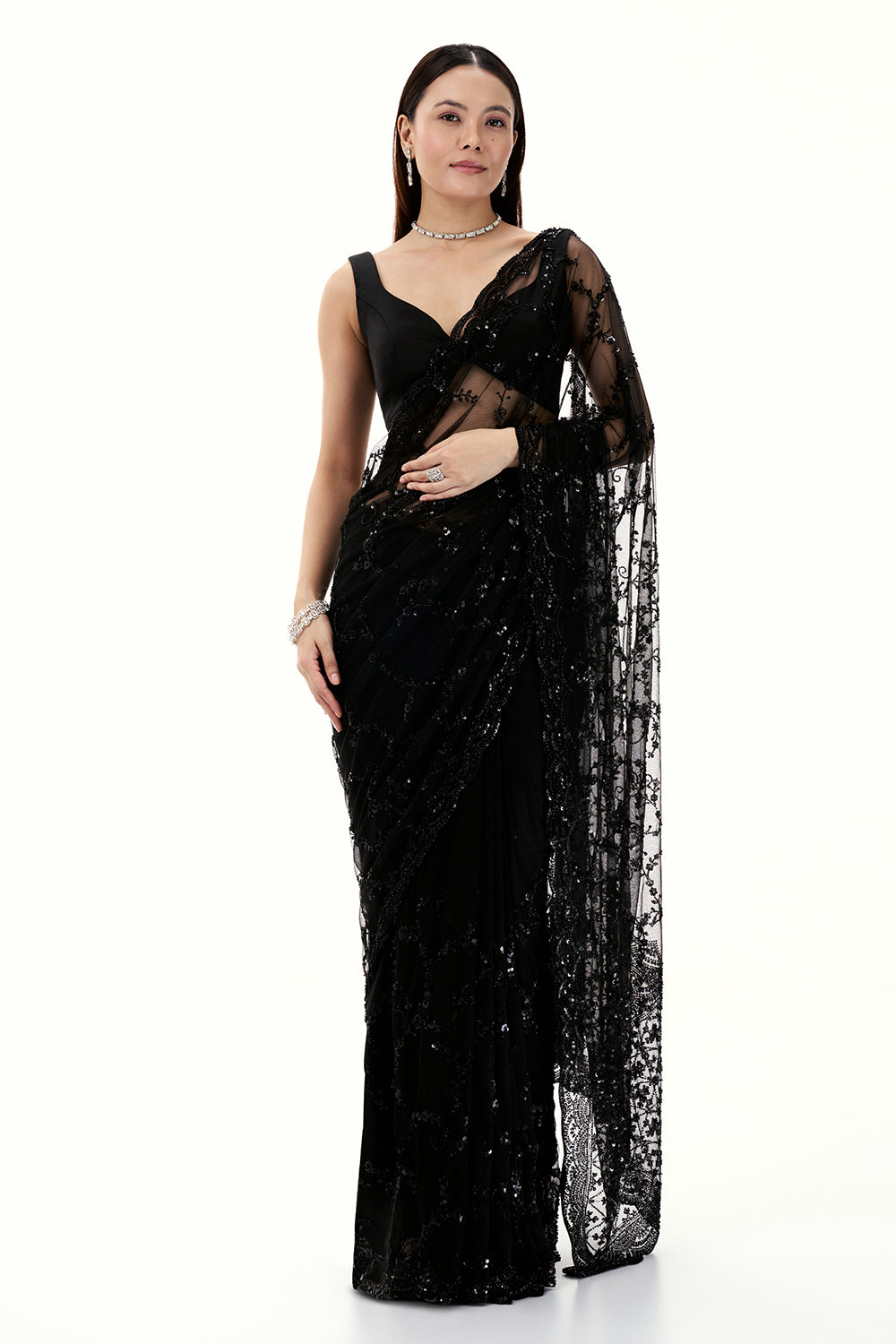 Black Net Saree with Floral Design in Bead and Sequin Work