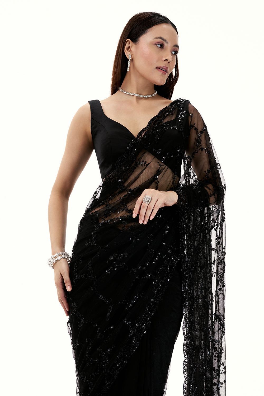 Black Net Saree with Floral Design in Bead and Sequin Work