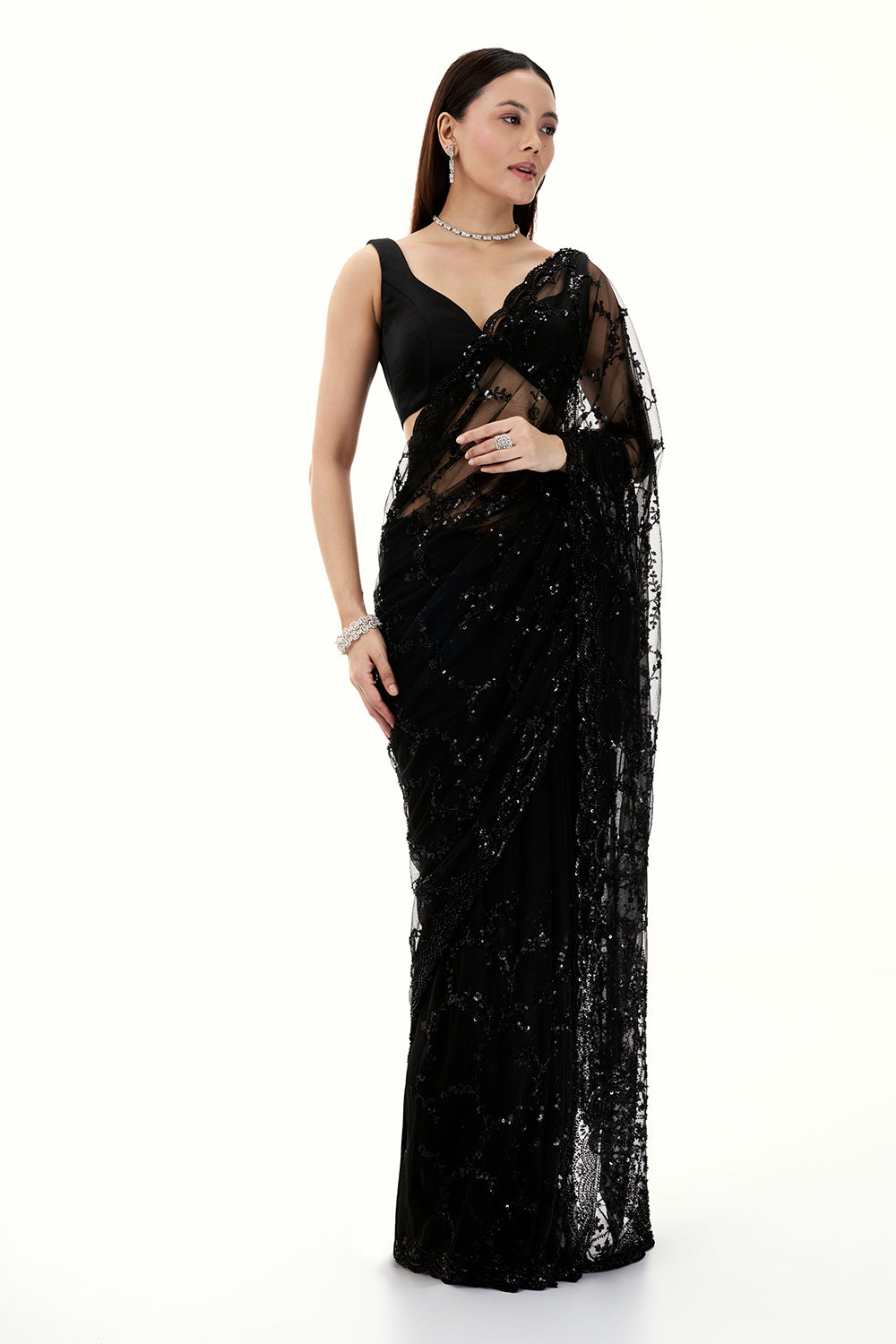 Black Net Saree with Floral Design in Bead and Sequin Work