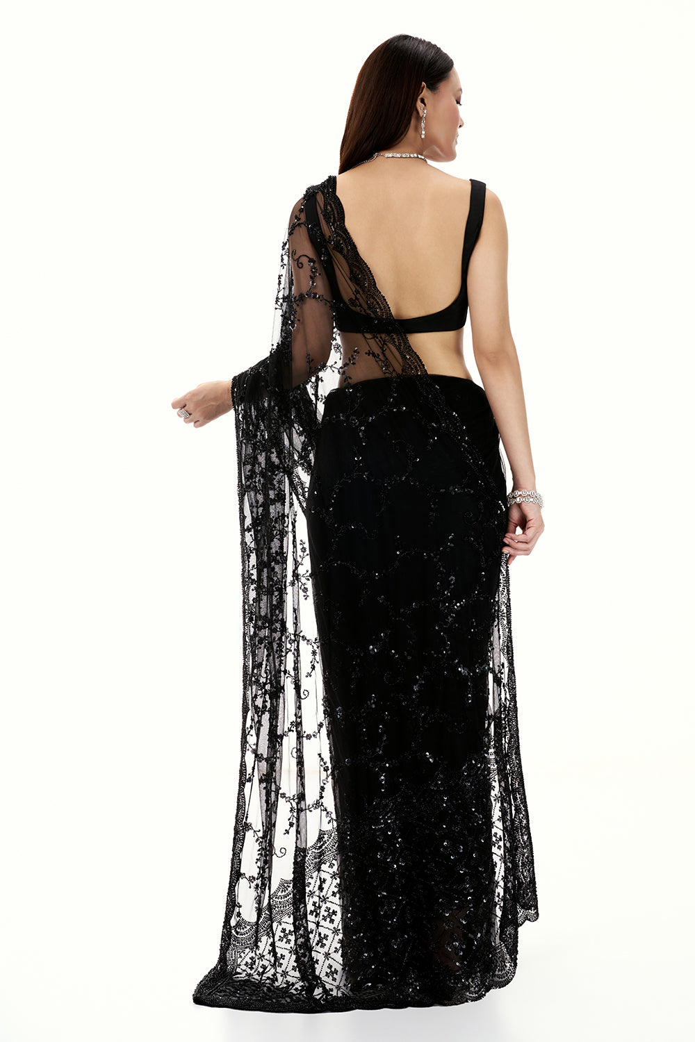 Black Net Saree with Floral Design in Bead and Sequin Work