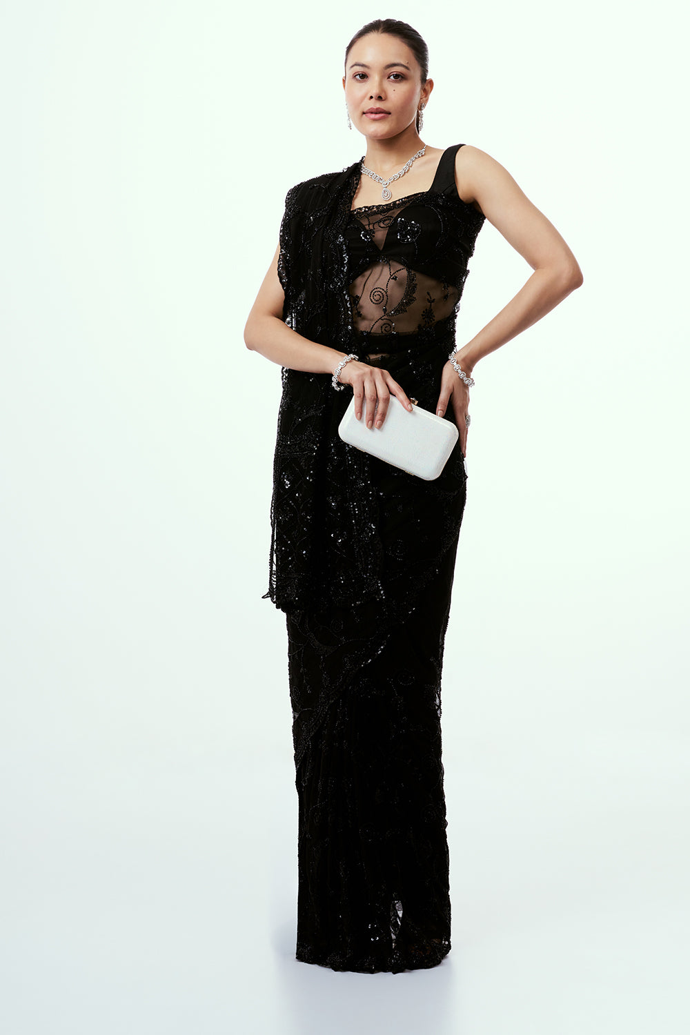 Black Net Saree with Sequin Embellishments
