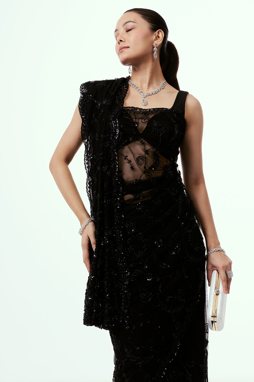 Black Net Saree with Sequin Embellishments