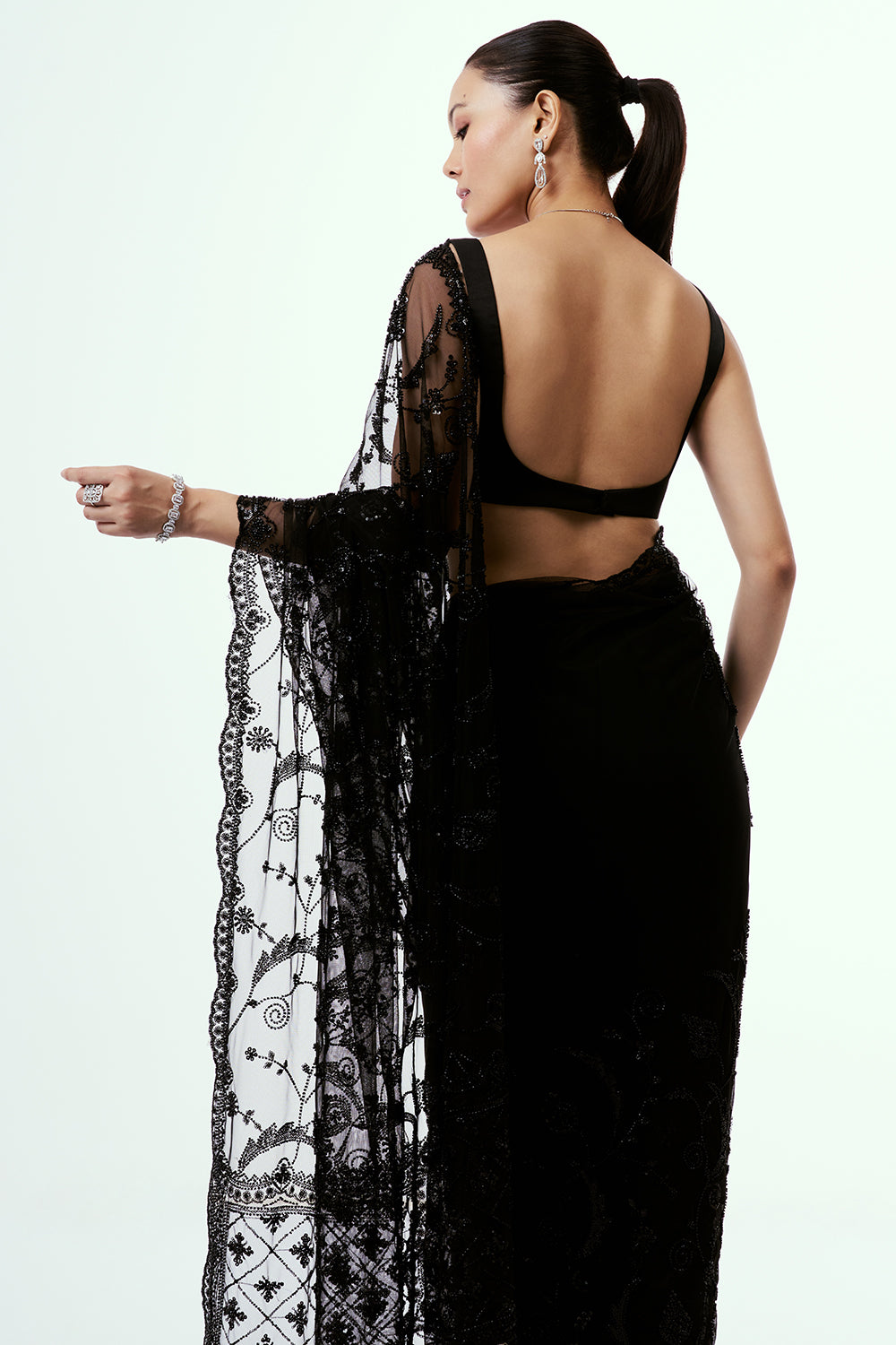 Black Net Saree with Sequin Embellishments