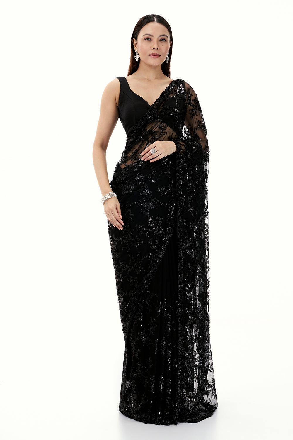 Black Net Saree with Sequin Work with Floral Motifs
