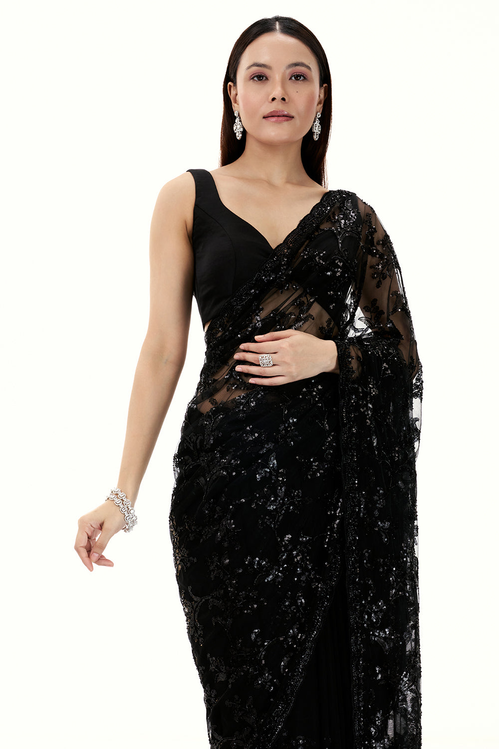 Black Net Saree with Sequin Work with Floral Motifs