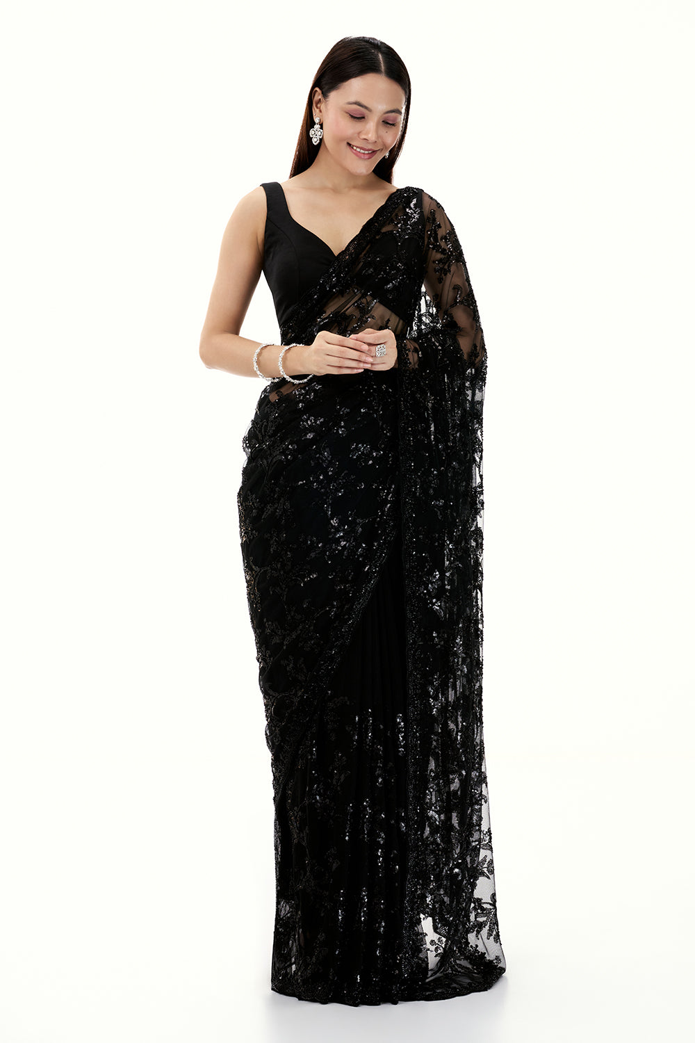 Black Net Saree with Sequin Work with Floral Motifs