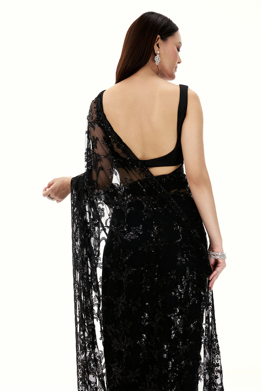 Black Net Saree with Sequin Work with Floral Motifs