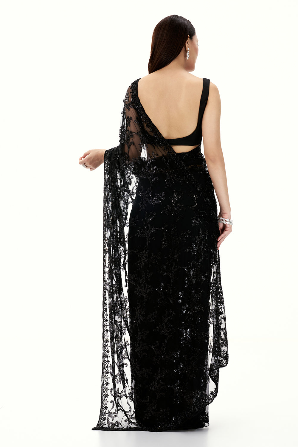 Black Net Saree with Sequin Work with Floral Motifs