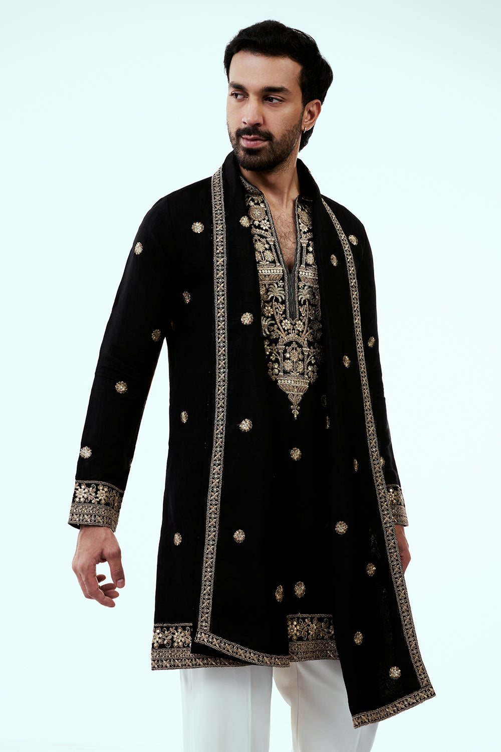 Black Nokia Silk Embellished Mens Kurta Set with Intricate Zari Butti Work