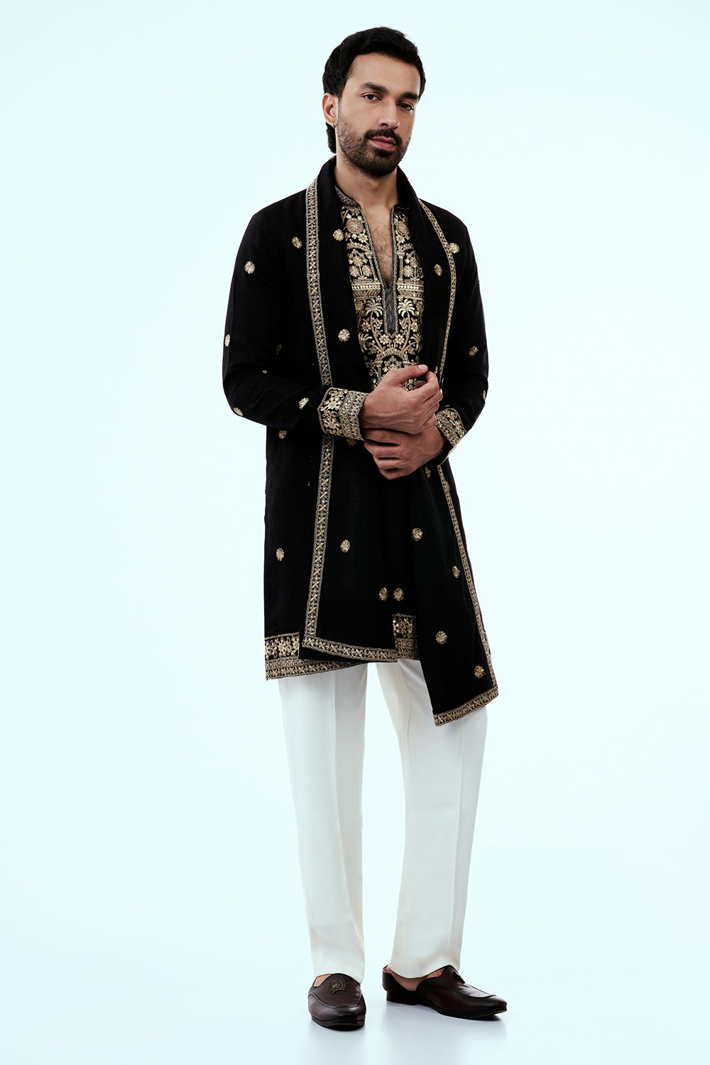 Black Nokia Silk Embellished Mens Kurta Set with Intricate Zari Butti Work