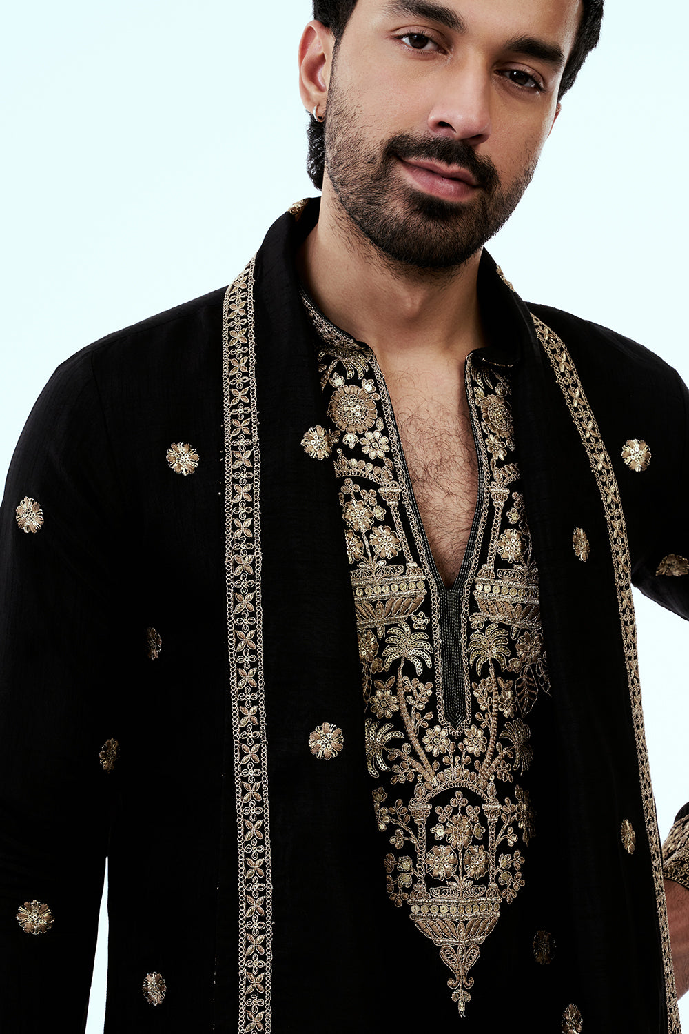 Black Nokia Silk Embellished Mens Kurta Set with Intricate Zari Butti Work