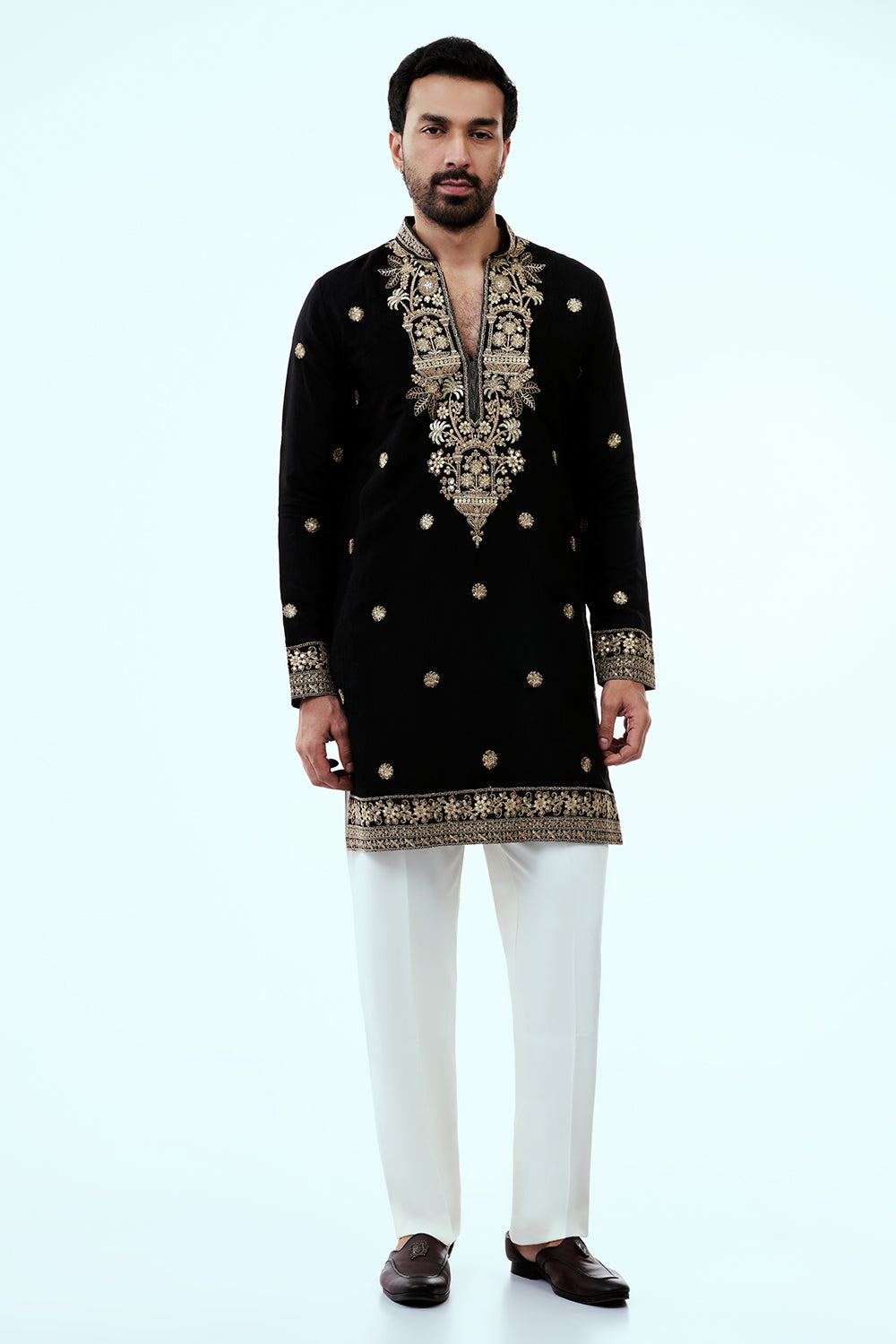Black Nokia Silk Embellished Mens Kurta Set with Intricate Zari Butti Work