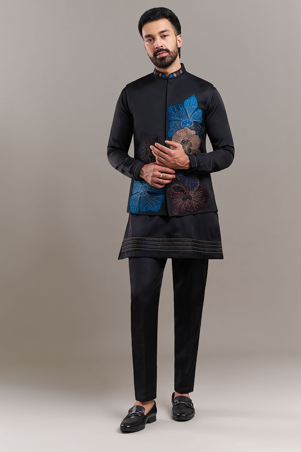 Black Nokia Silk Floral Appliqué Men's Kurta with Jacket