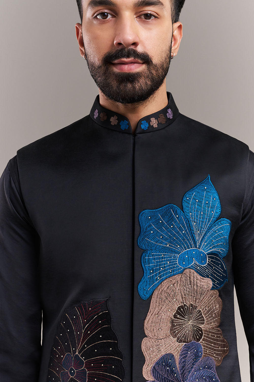 Black Nokia Silk Floral Appliqué Men's Kurta with Jacket