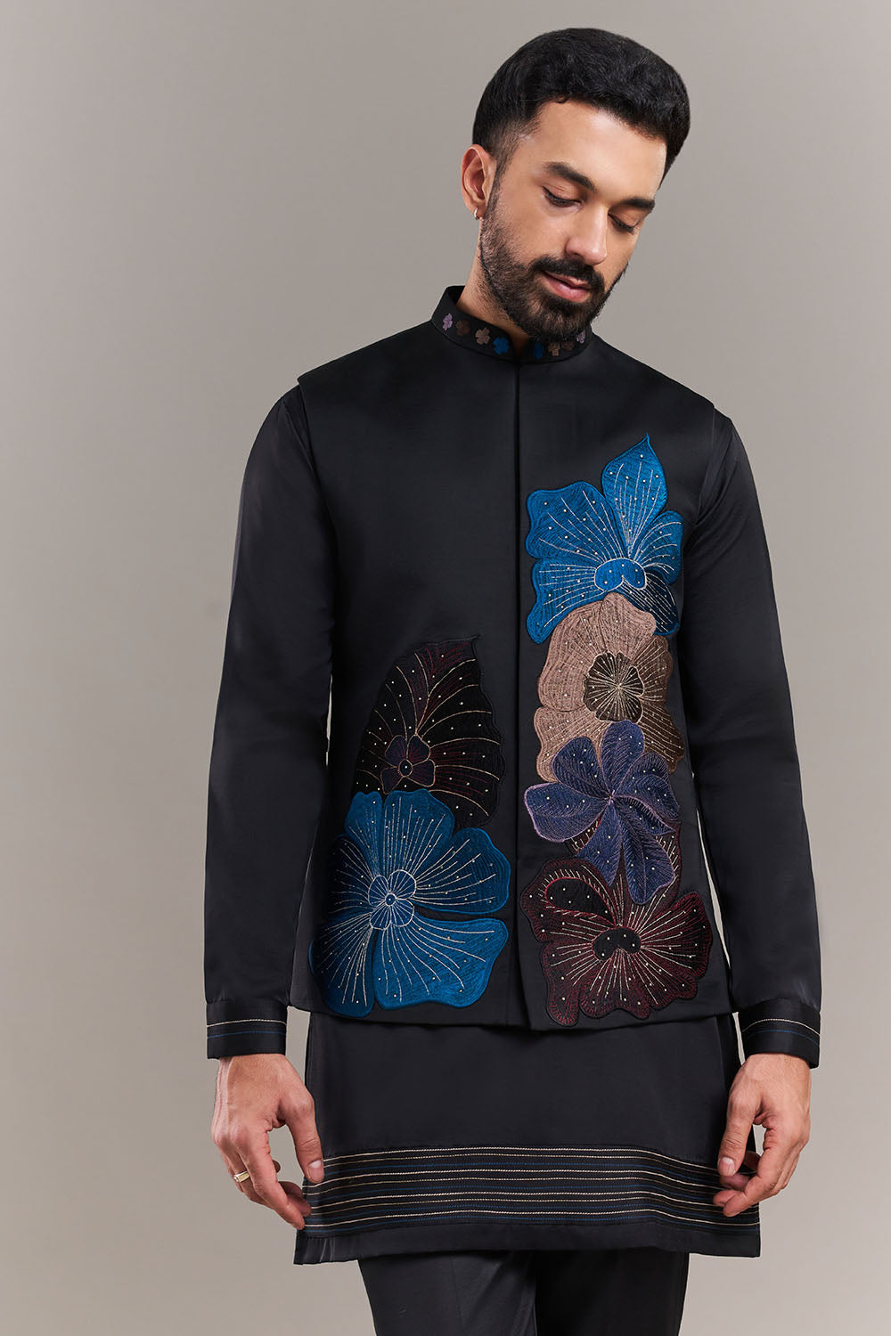 Black Nokia Silk Floral Appliqué Men's Kurta with Jacket