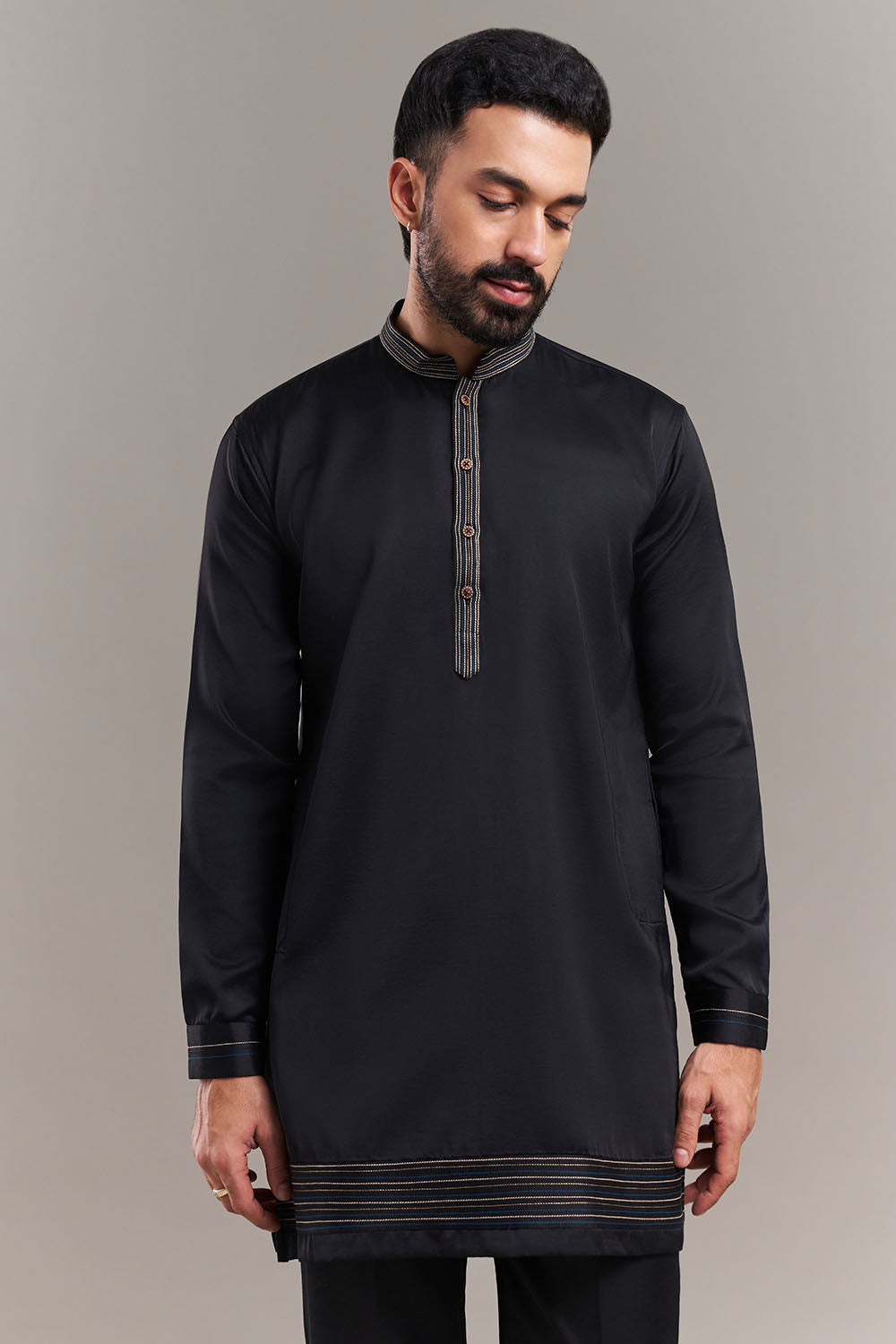 Black Nokia Silk Floral Appliqué Men's Kurta with Jacket
