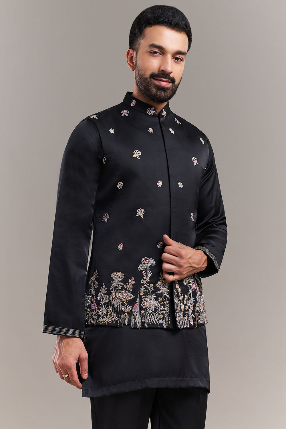 Black Nokia Silk Garden Border Men's Kurta with Jacket